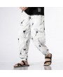 Mens National Style Crane Printing Loose Drawstring Casual Harem Pants