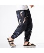 Mens National Style Crane Printing Loose Drawstring Casual Harem Pants