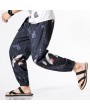 Mens National Style Crane Printing Loose Drawstring Casual Harem Pants