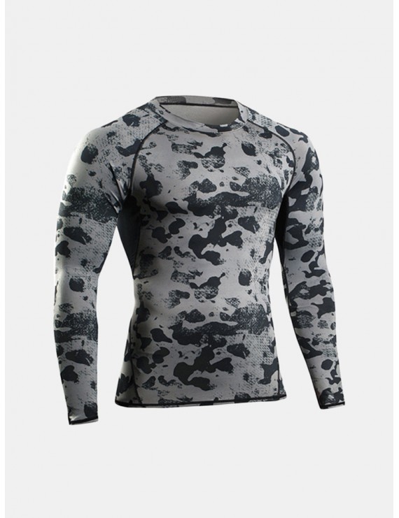 Mens Camo Traning Elastic Quick-drying Breathable Sports Fitness Tights Long Sleeve T-shirt