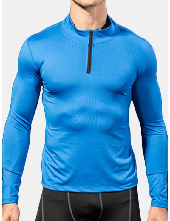 Men Thick Velvet Long Sleeve Running Collar Half Zip Quick Dry Sport Solid Color T-shirt Tops