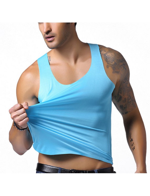 Mens Ice Silk Non-trace Breathable Perspiration Elastic Solid Color Fitness Slim Fit Sport Tank Tops