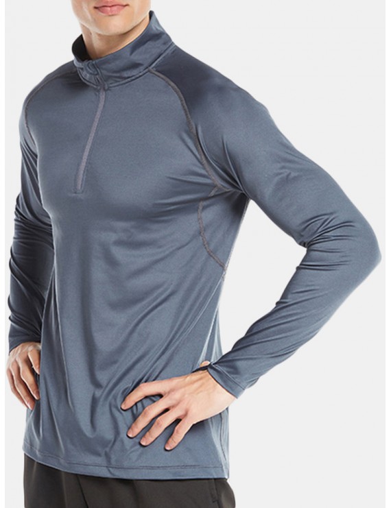 Mens Half Zip Quick-drying Skinny Tops Breathable Sports Fitness Tights Long Sleeve T Shirt