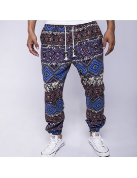 Mens Ethnic Style Printed Drawstring Elastic Waist Slim Fit Casual Fitness Running Pants