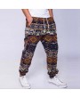 Mens Ethnic Style Printed Drawstring Elastic Waist Slim Fit Casual Fitness Running Pants