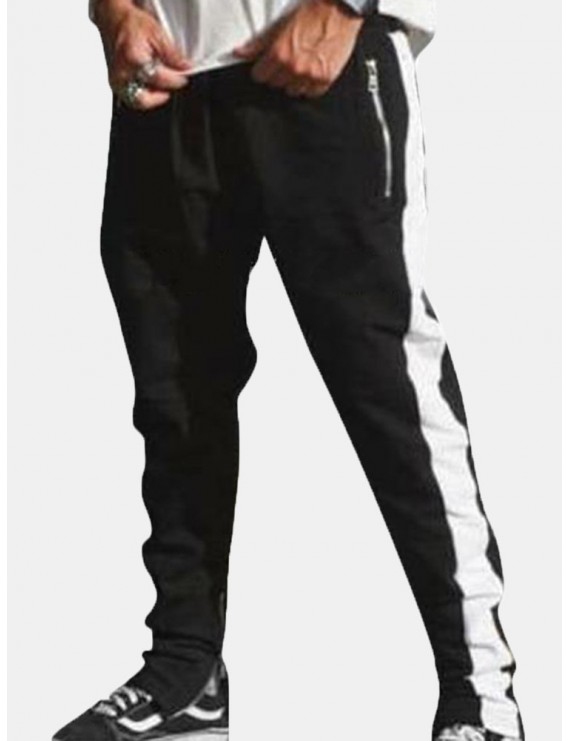 Mens Zipper Decorative Elastic Waist Stitching Color Slim Fit Casual Jogger Pants