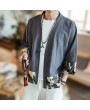 Men Printing Short Sleeve V Neck Loose Cotton Linen Coat