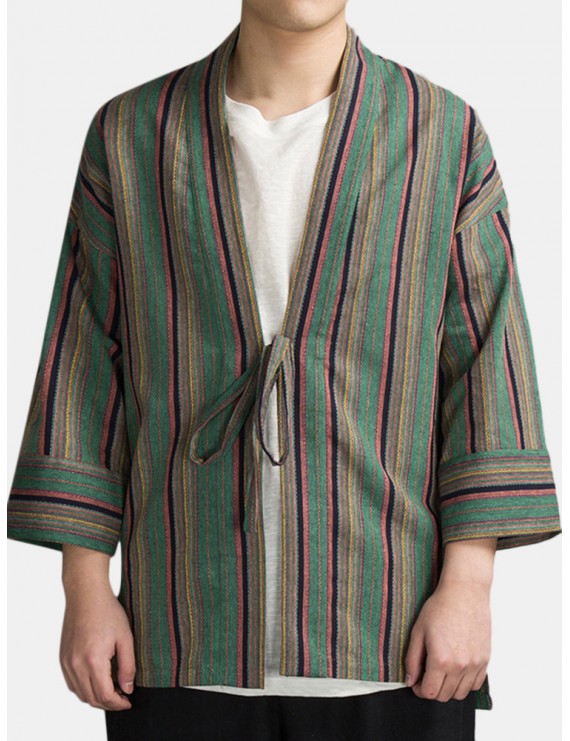 Men Loose Thin Striped Retro Design Cotton Linen Coat