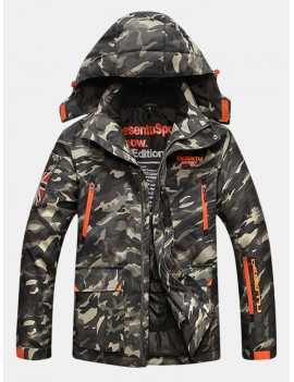 Mens Camo Printing Detachable Hooded Multi Pockets Outdoor Windproof Thickened Warm Jacket