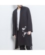 Mens Mid-long Crane Embroidered National Style Long Sleeve Open Up Black Casual Jacket