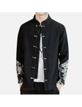 Mens National Style Coat Floral Printing Patchwork Linen Double Breasted Casual Jacket