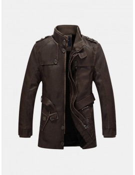 Mens Fashion Stand Collar Jacket PU Leather Fluffy Lined Warm Slim Fit Coat