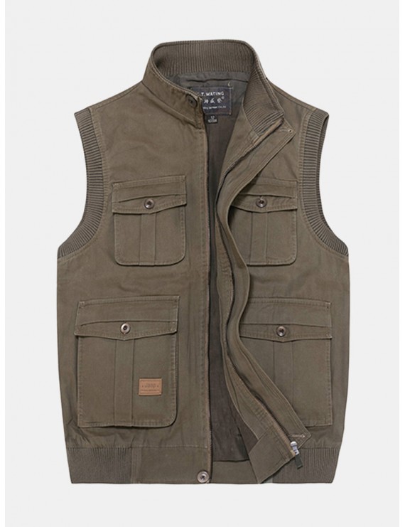 Casual Outdoor Cotton Multi-Pocket Fishing Photographic Stand Collar Waistcoat for Men