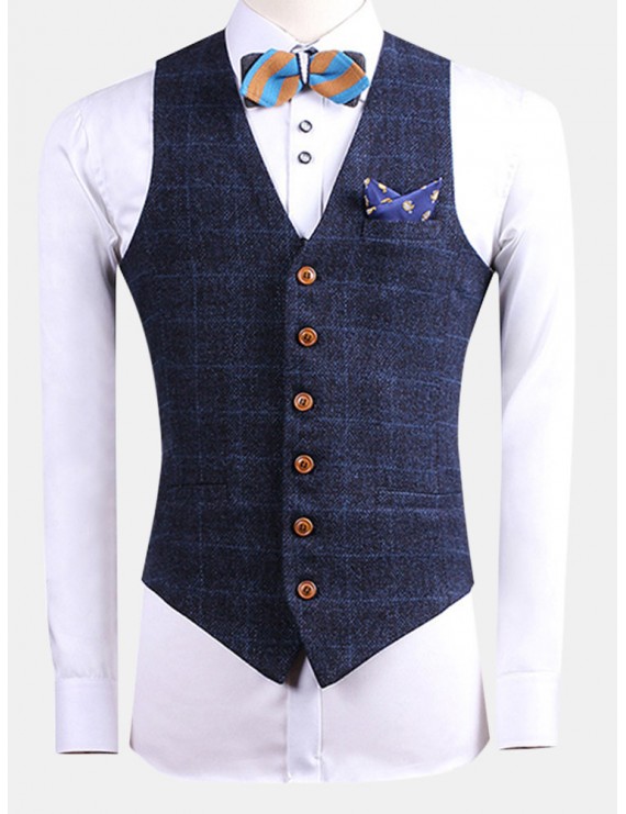 British Style Bussiness Casual Chest Single Pocket Checked Vest for Men