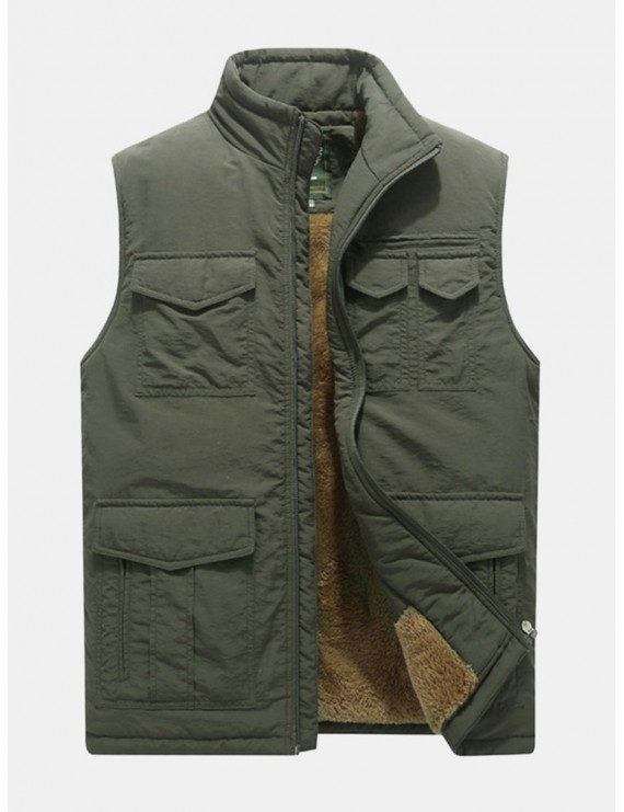 Men's Mutil-Pockets Outdoor Fishing Sleeveless Shearling Stand Collar Coat Thicken Fleece Vest