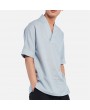 Men's Chinese Style Vintage Cotton Linen T-shirts V-neck Seven-point Sleeve Tops