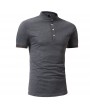 Mens Stand Collar Button Design T Shirts Solid Color Short Sleeve Casual Cotton Tops