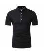 Mens Stand Collar Button Design T Shirts Solid Color Short Sleeve Casual Cotton Tops