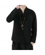 Mens Chinese Style Embroidery V-Neck Cotton T Shirts Casual Solid Color Long Sleeve Loose Tee Tops