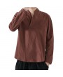 Mens Chinese Style Embroidery V-Neck Cotton T Shirts Casual Solid Color Long Sleeve Loose Tee Tops