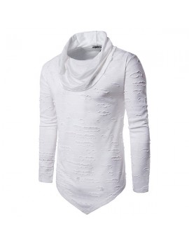 Mens Hip-Hop Holes Pile Heap Collar Irregular Hem Solid Color Long Sleeve Casual Cotton T-shirt