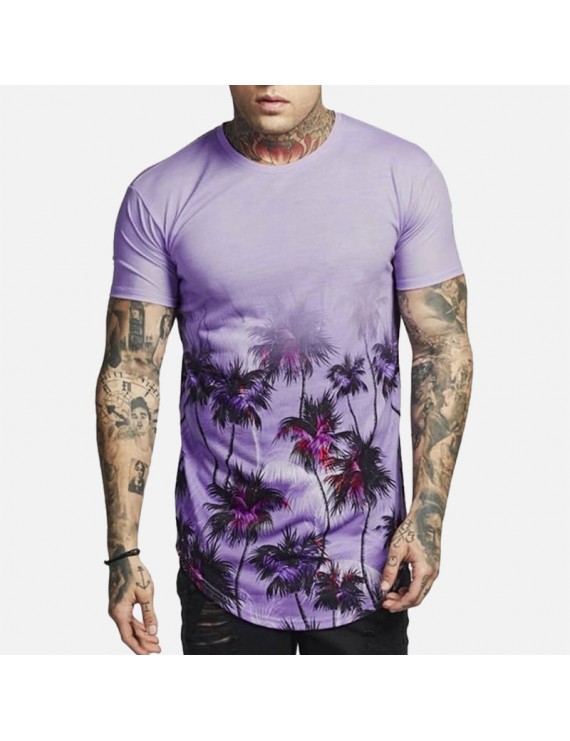 Mens Floral Printed Round Hem Short Sleeve O-Neck Casual Cotton Loose T-shirts