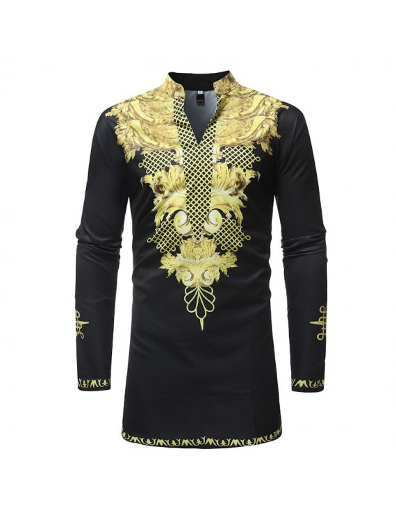 Mens African Ethnic Style 3D Printed Mid Long Stand Collar Long Sleeve Casual T Shirts