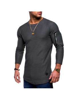 Mens Breathable Solid Color Irregular Hem Zipper O-neck Long Sleeve Slim Casual T Shirts