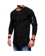 Mens Breathable Solid Color Irregular Hem Zipper O-neck Long Sleeve Slim Casual T Shirts