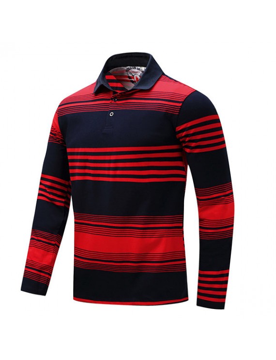 Mens Fashion Stripe Color Long Sleeve Lapel Collar Cotton Casual Golf Shirt