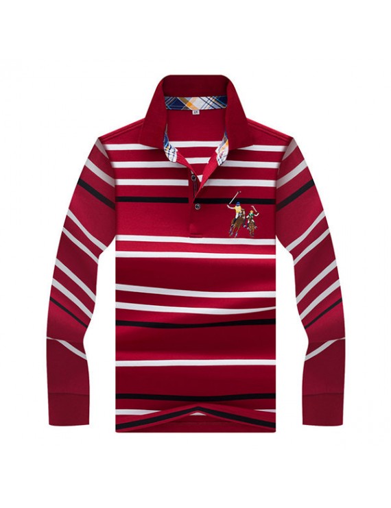 Mens Embroidery Logo Striped Printed Golf Shirt Spring Fall Long Sleeve Casual Business Tee Tops