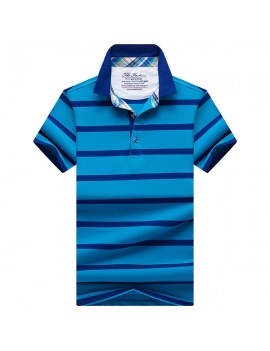 Mens Summer Casual Business Slim Fit Striped Cotton Turn-down Collar Golf Shirt