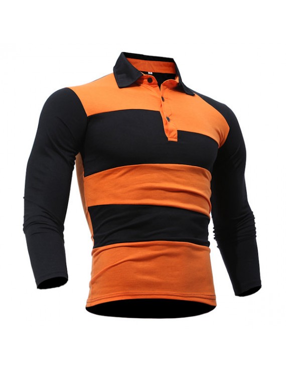 Mens Stripe Printing Long Sleeve Turn-down Collar Slim Fit Casual Polo Shirt