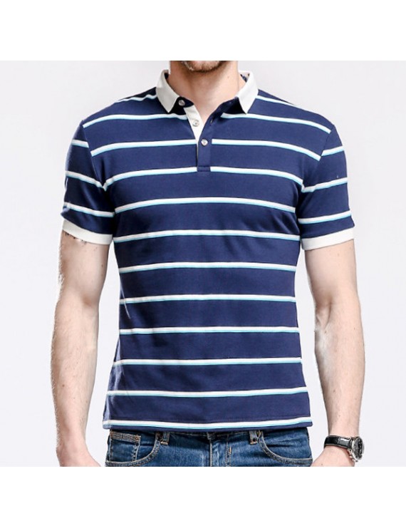 Mens Stripes Pattern Golf Shirt Turn-down Collar Short Sleeve Casual Tops