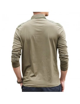 Mens Fall Brief Solid Color Turn-down Collar Long Sleeve Casual Polo Shirt