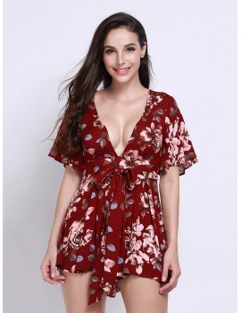 Women Sexy Vintage Floral Print V Neck Playsuit