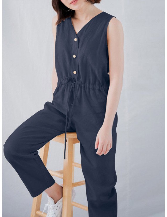 Sleeveless Harem Drawstring V Neck Button Jumpsuit