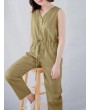 Sleeveless Harem Drawstring V Neck Button Jumpsuit