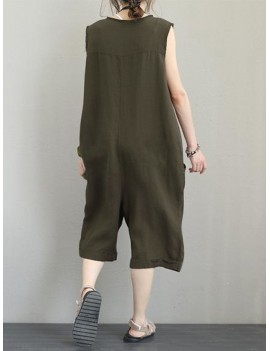 Pockets Button Solid Color Sleeveless Jumpsuit