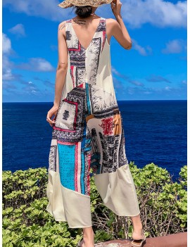 Folk Style Print Patchwork Wide Leg Jumpsuit For Women