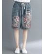 Ethnic Print Patchwork Drawstring Waist Jeans For Women