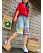 Embroidery Elastic Waist Wide Leg Shorts Denim