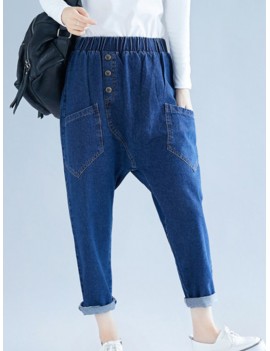 Button Solid Color Elastic Waist Casual Harem Denim