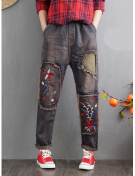 Embroidery Floral Elastic Waist Harem Casual Denim