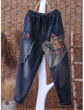 Vintage Patchwork Star Face Harem Denim