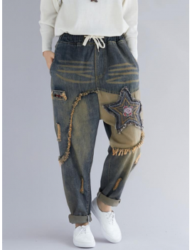 Embroidery Patchwork Elastic Waist Harem Denim