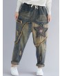 Embroidery Patchwork Elastic Waist Harem Denim