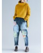 Vintage Loose Patch Ripped  High Waist Casual Denim