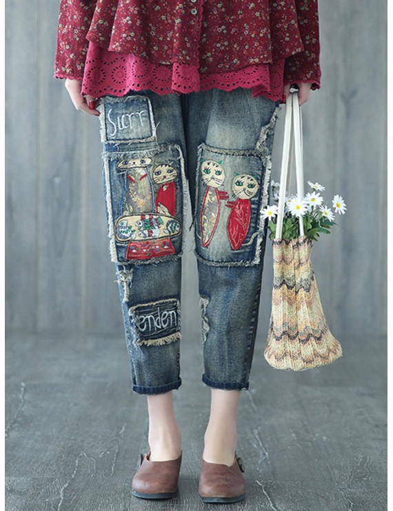 Cartoon Embroidery Distressed Pockets Casual Denim