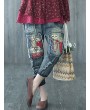 Cartoon Embroidery Distressed Pockets Casual Denim